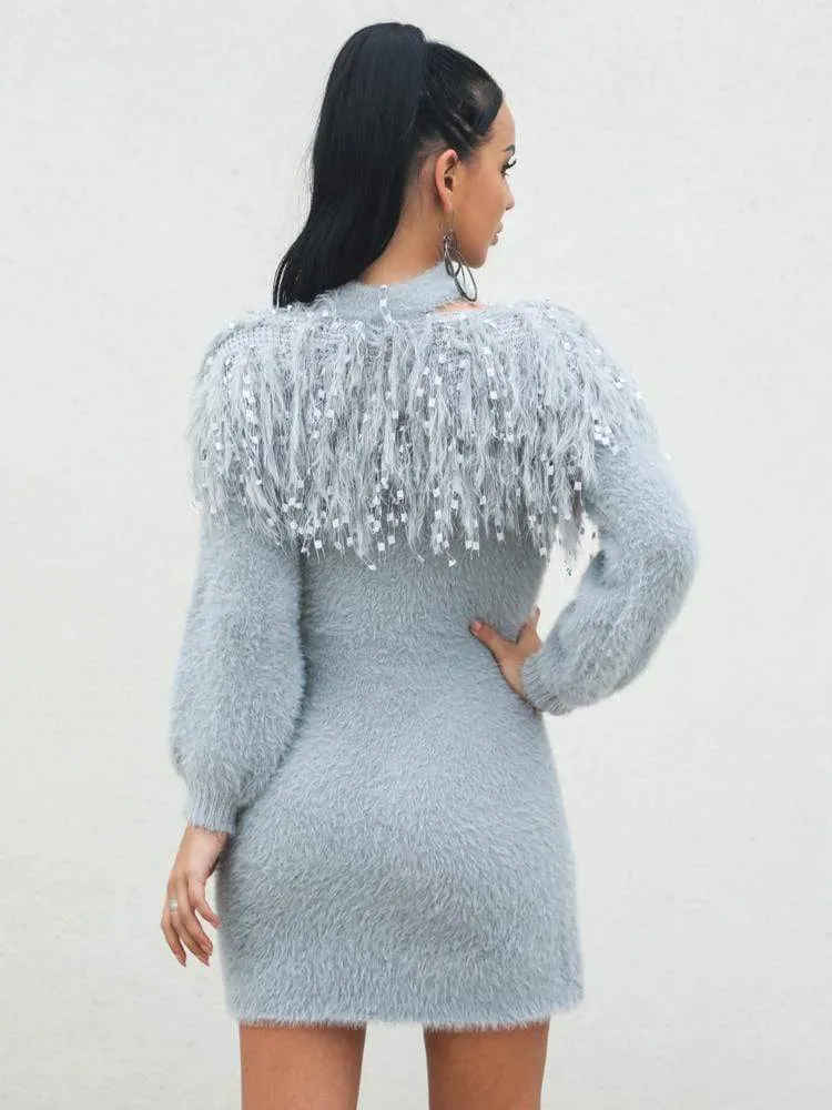 Jamlia Tassel Long Sleeve Velvet Sweater Dress