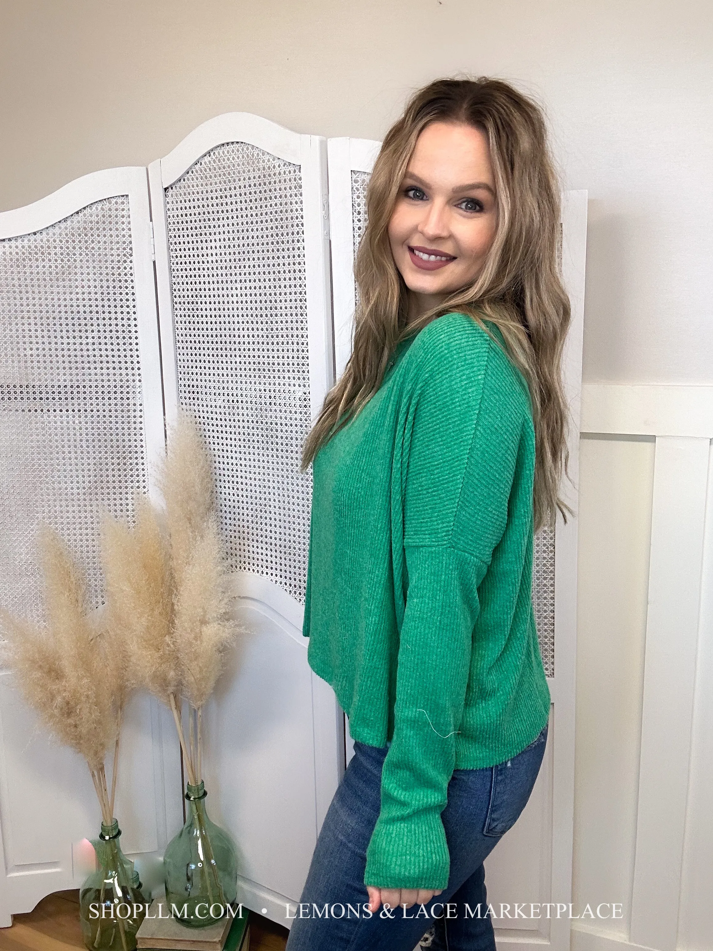 Kelly Grn Ribbed Dolman Sweater