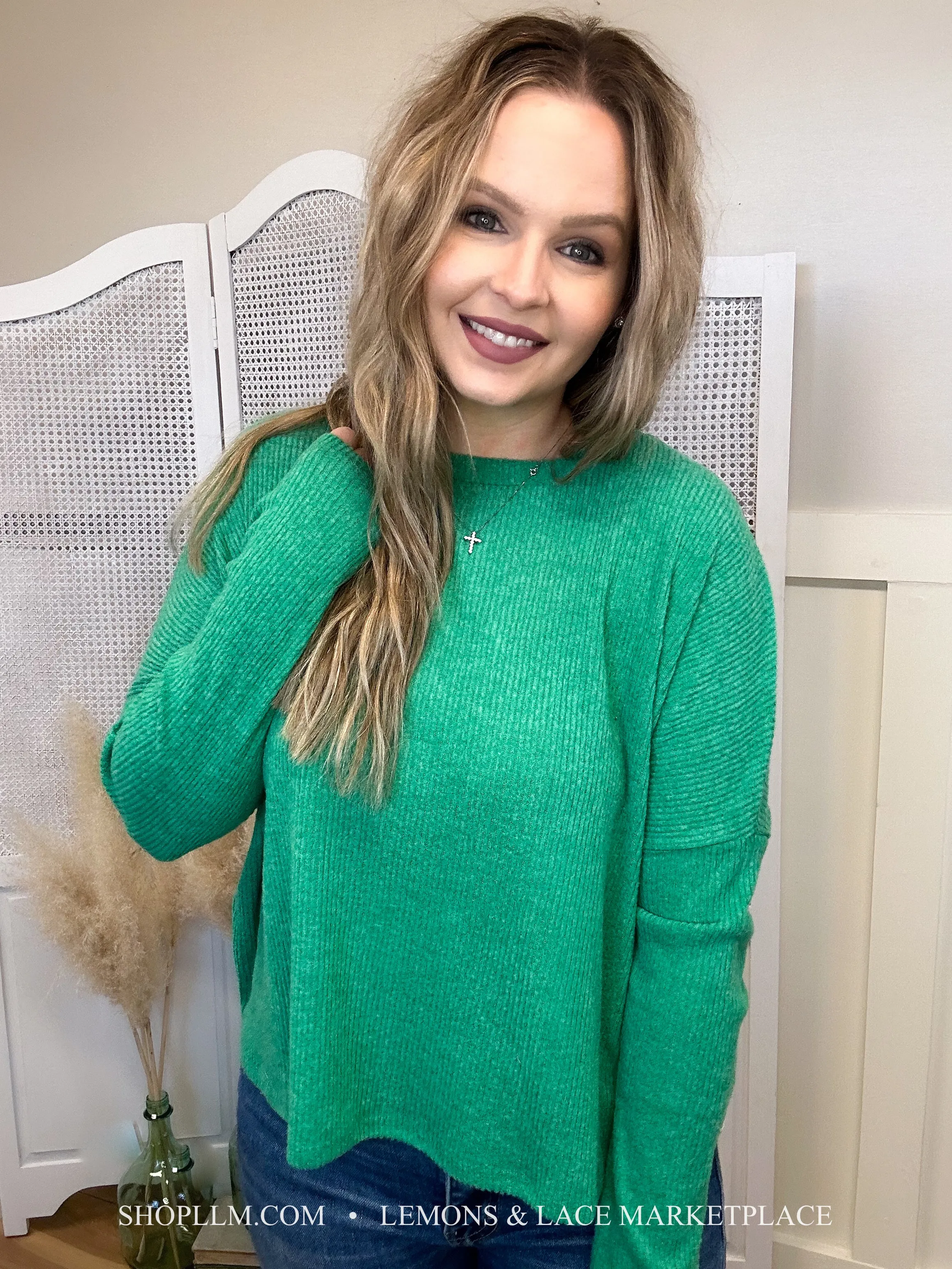 Kelly Grn Ribbed Dolman Sweater