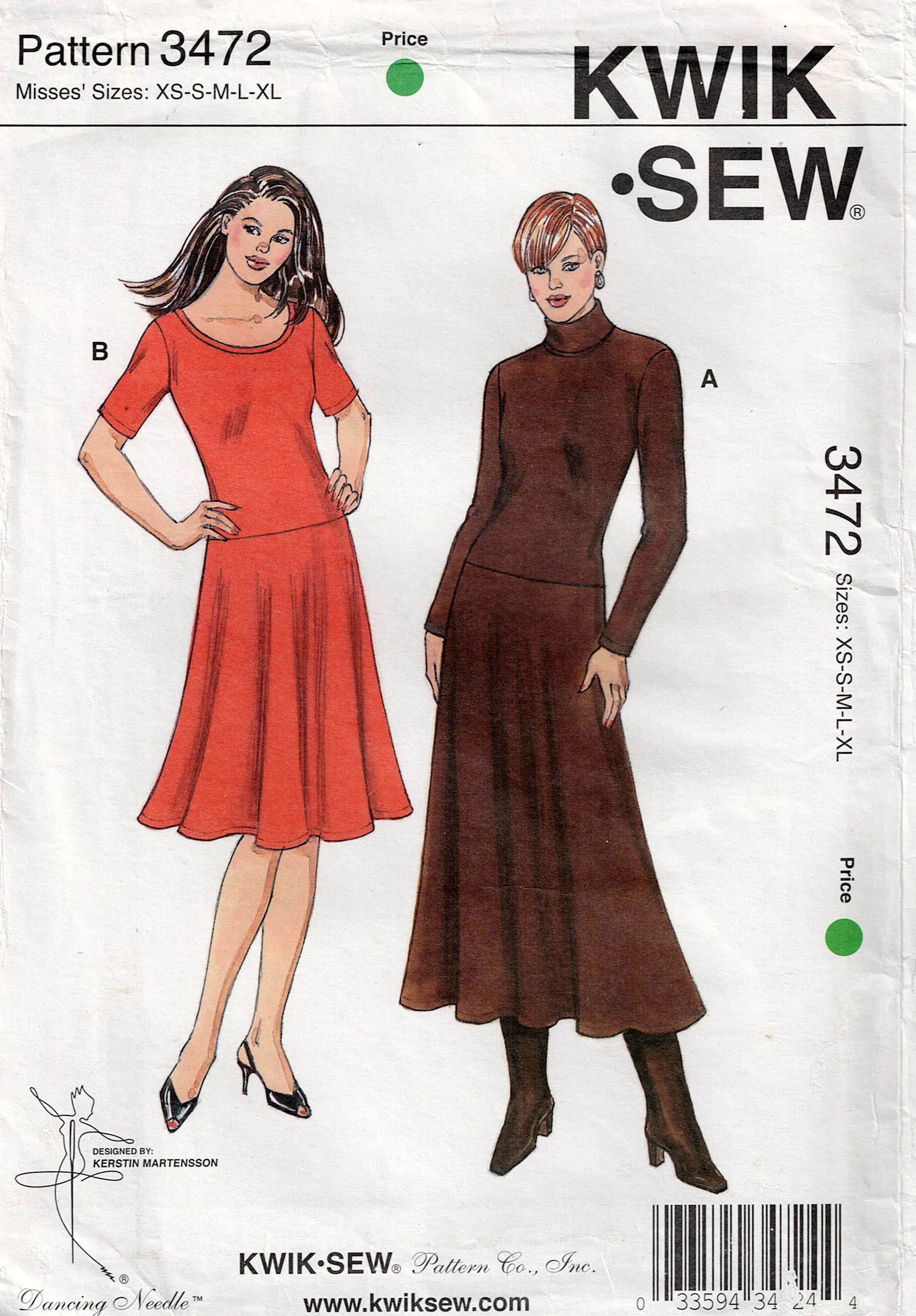 Kwik Sew 3472 Womens Stretch Knit Pullover Drop Waisted Dress Out Of Print Sewing Pattern Size XS - XL UNCUT Factory Folded