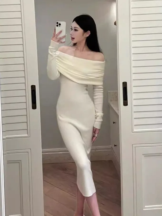 Lanfubeisi long sweater dress outfit Gentle Style White Soft Glutinous off-Shoulder Sweater Dress Autumn and Winter Elegant Slim-Fit off-Shoulder Bottoming Knitted Dress