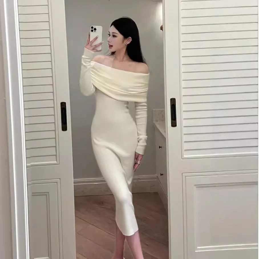 Lanfubeisi long sweater dress outfit Gentle Style White Soft Glutinous off-Shoulder Sweater Dress Autumn and Winter Elegant Slim-Fit off-Shoulder Bottoming Knitted Dress