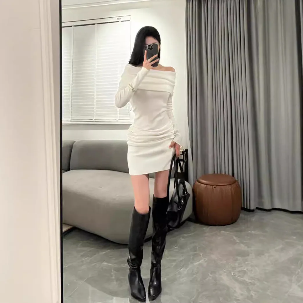 Lanfubeisi long sweater dress outfit Niche Design Sexy off-Shoulder Slim-Fit Sheath Elegant Long Skirt off-Shoulder Bottoming Knitted Dress