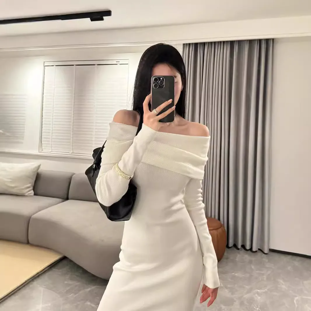 Lanfubeisi long sweater dress outfit Niche Design Sexy off-Shoulder Slim-Fit Sheath Elegant Long Skirt off-Shoulder Bottoming Knitted Dress