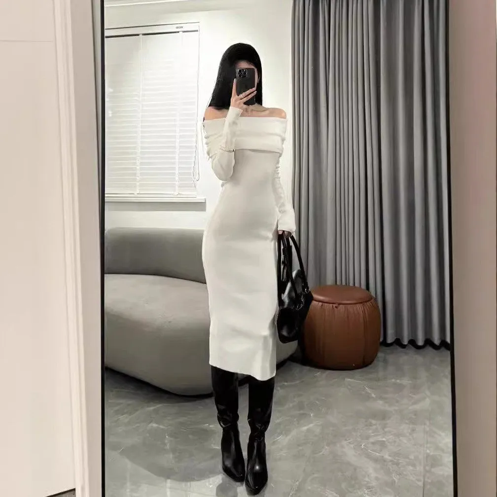 Lanfubeisi long sweater dress outfit Niche Design Sexy off-Shoulder Slim-Fit Sheath Elegant Long Skirt off-Shoulder Bottoming Knitted Dress