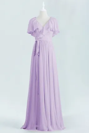 Lavender Faux Wrap Ruffles Long Bridesmaid Dress