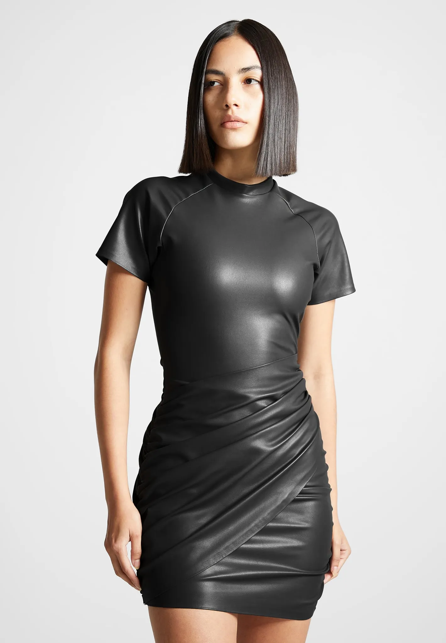 Leather Gathered Dress - Black