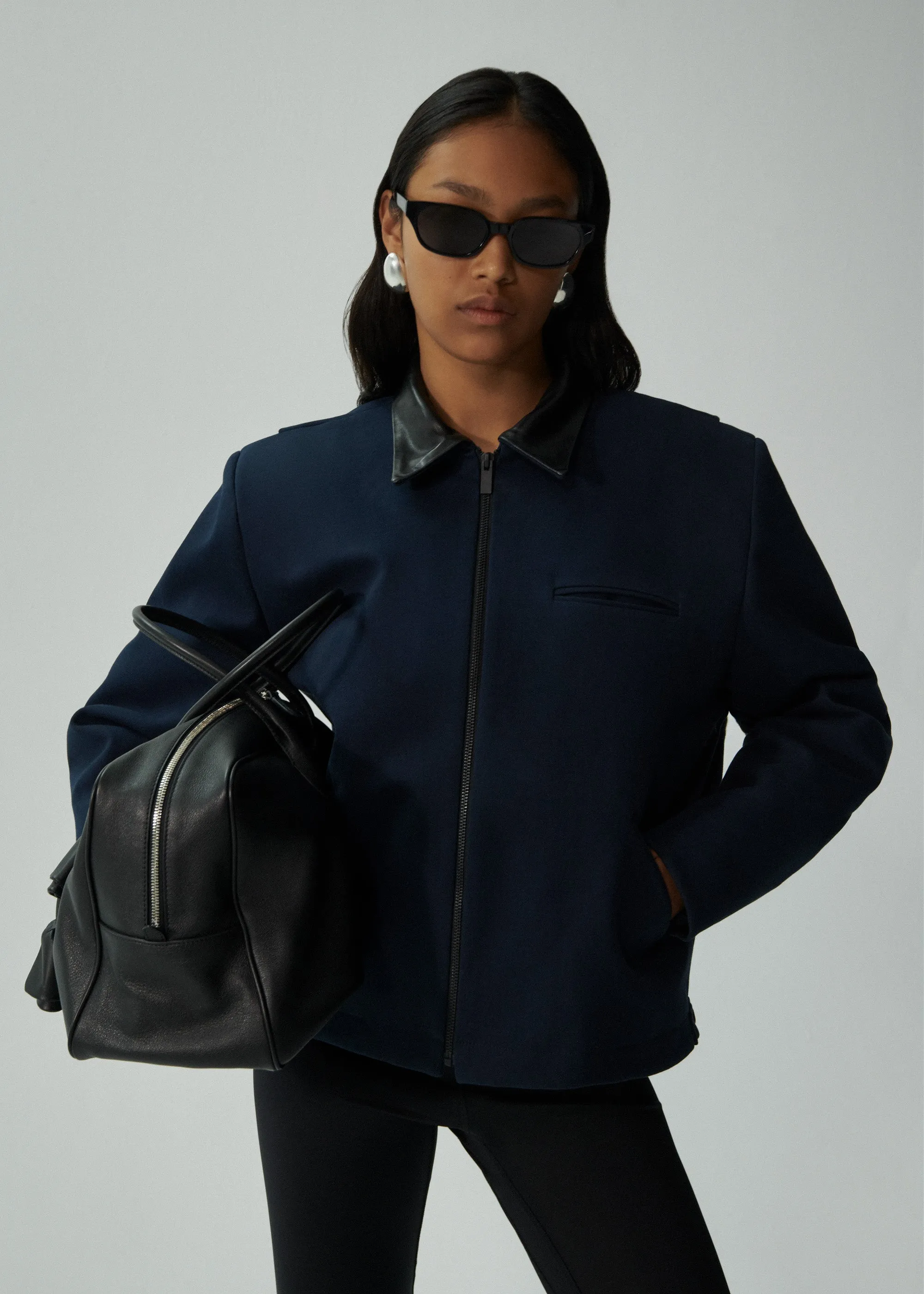 Leather trim bomber jacket in navy