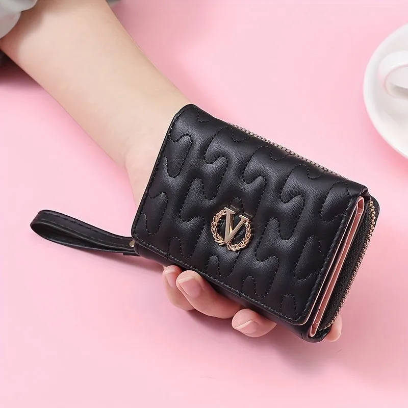 Letter "V" Wheat Decor Trifold Wallet, Fashion Embroidery PU Leather Coin Purse, Portable Card Case Small Pouch Wallet For Women