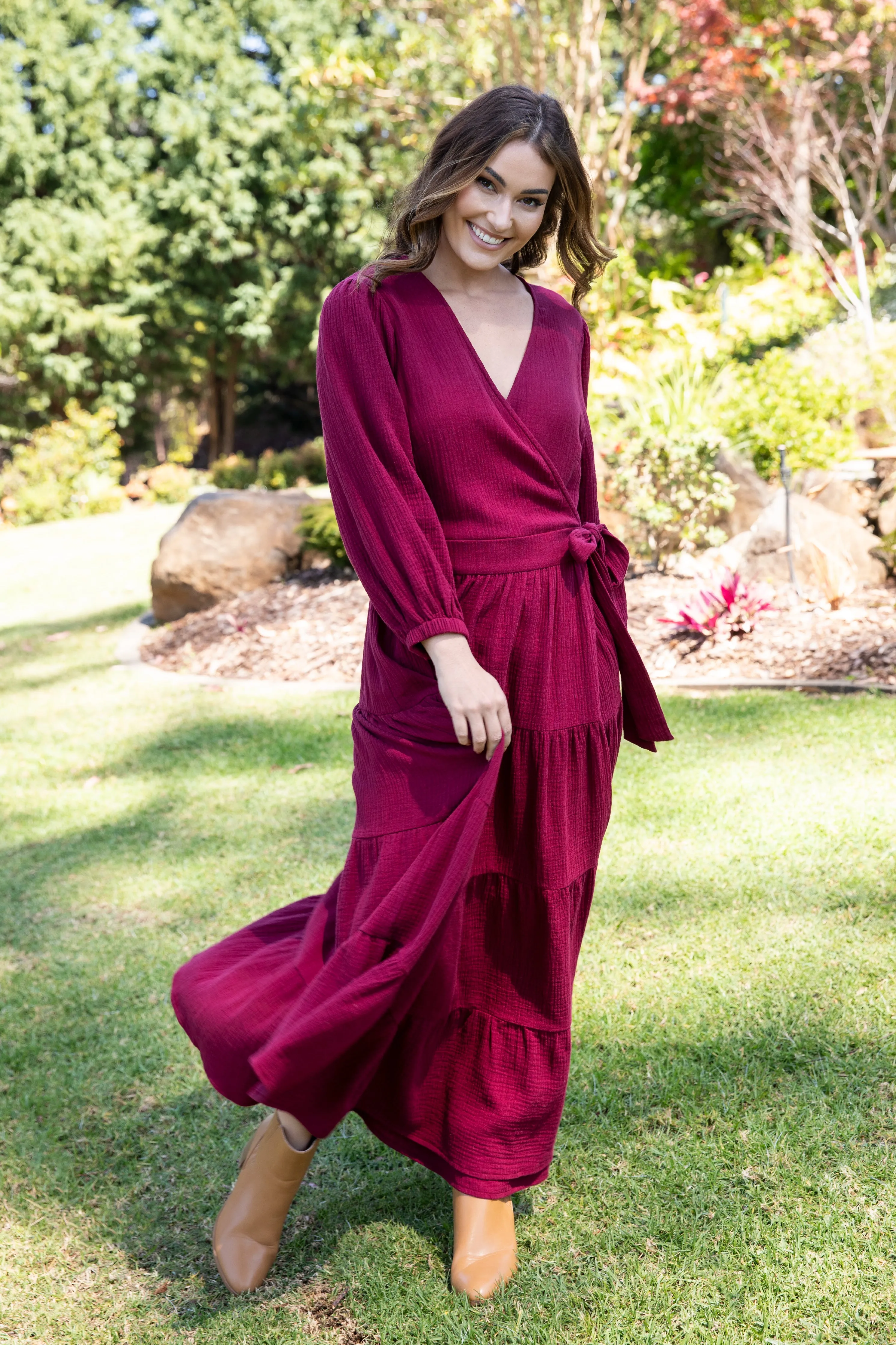 Long Sleeve Ruffle Wrap Dress | Mahogany | FINAL SALE