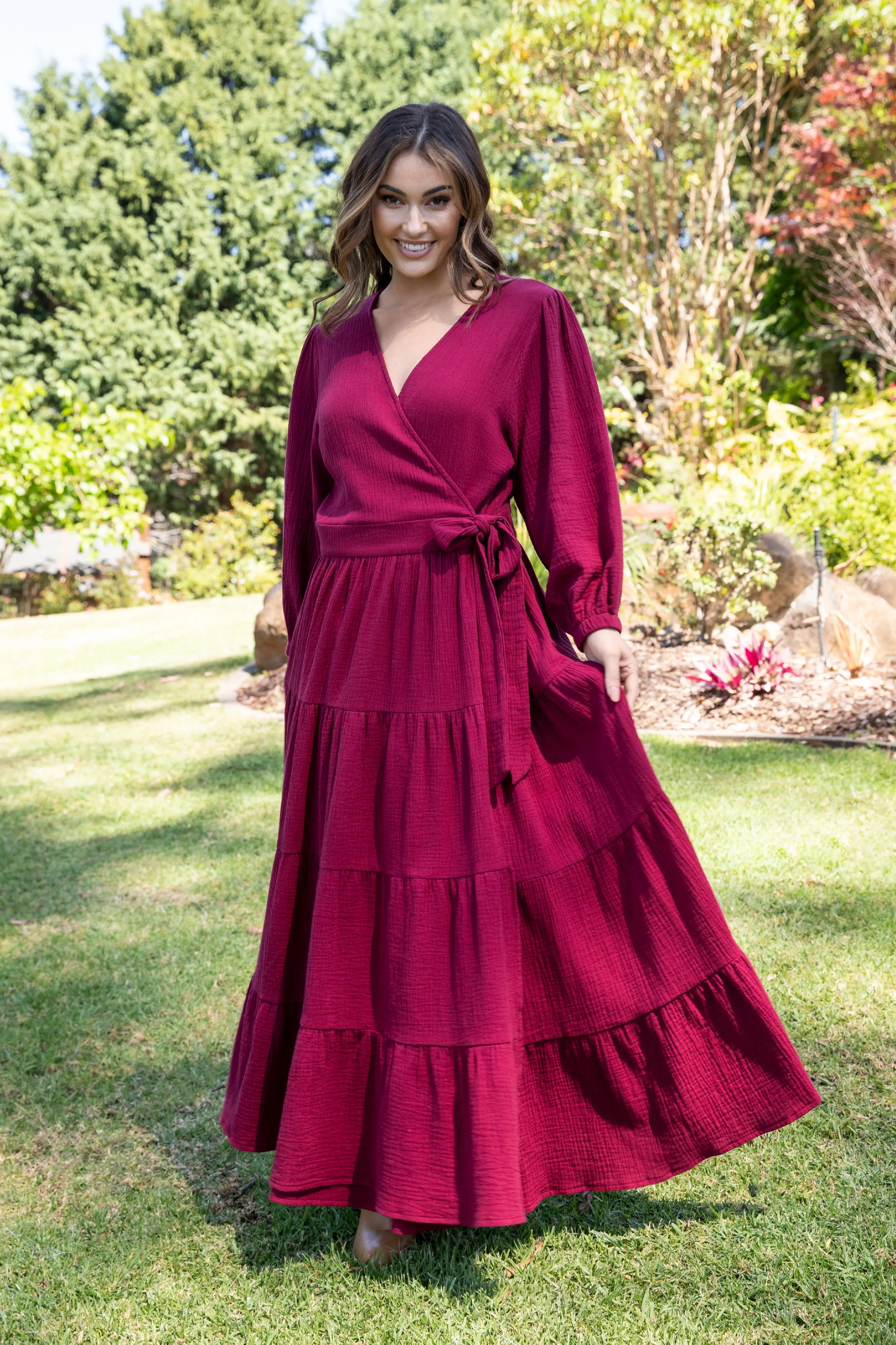 Long Sleeve Ruffle Wrap Dress | Mahogany | FINAL SALE