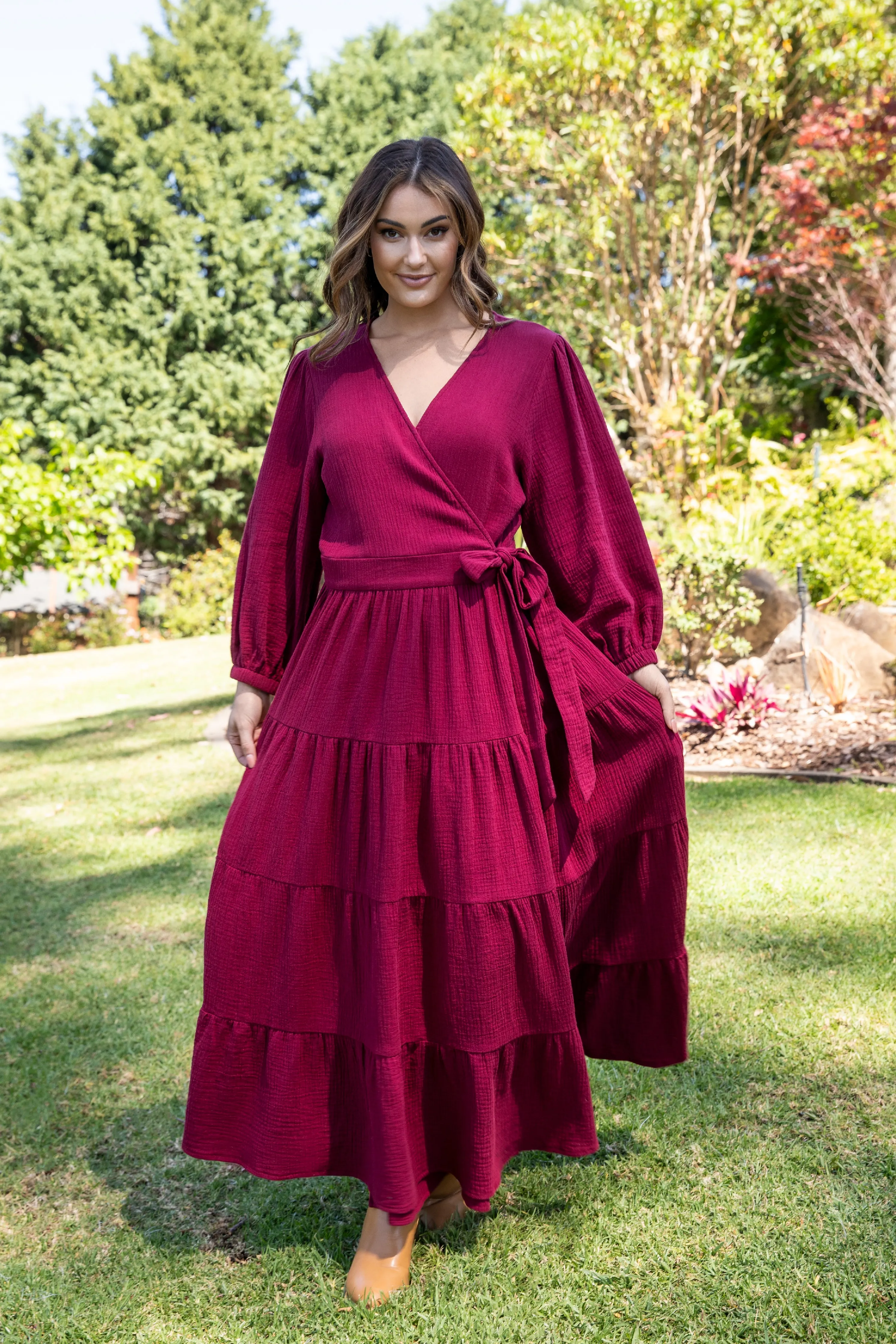 Long Sleeve Ruffle Wrap Dress | Mahogany | FINAL SALE