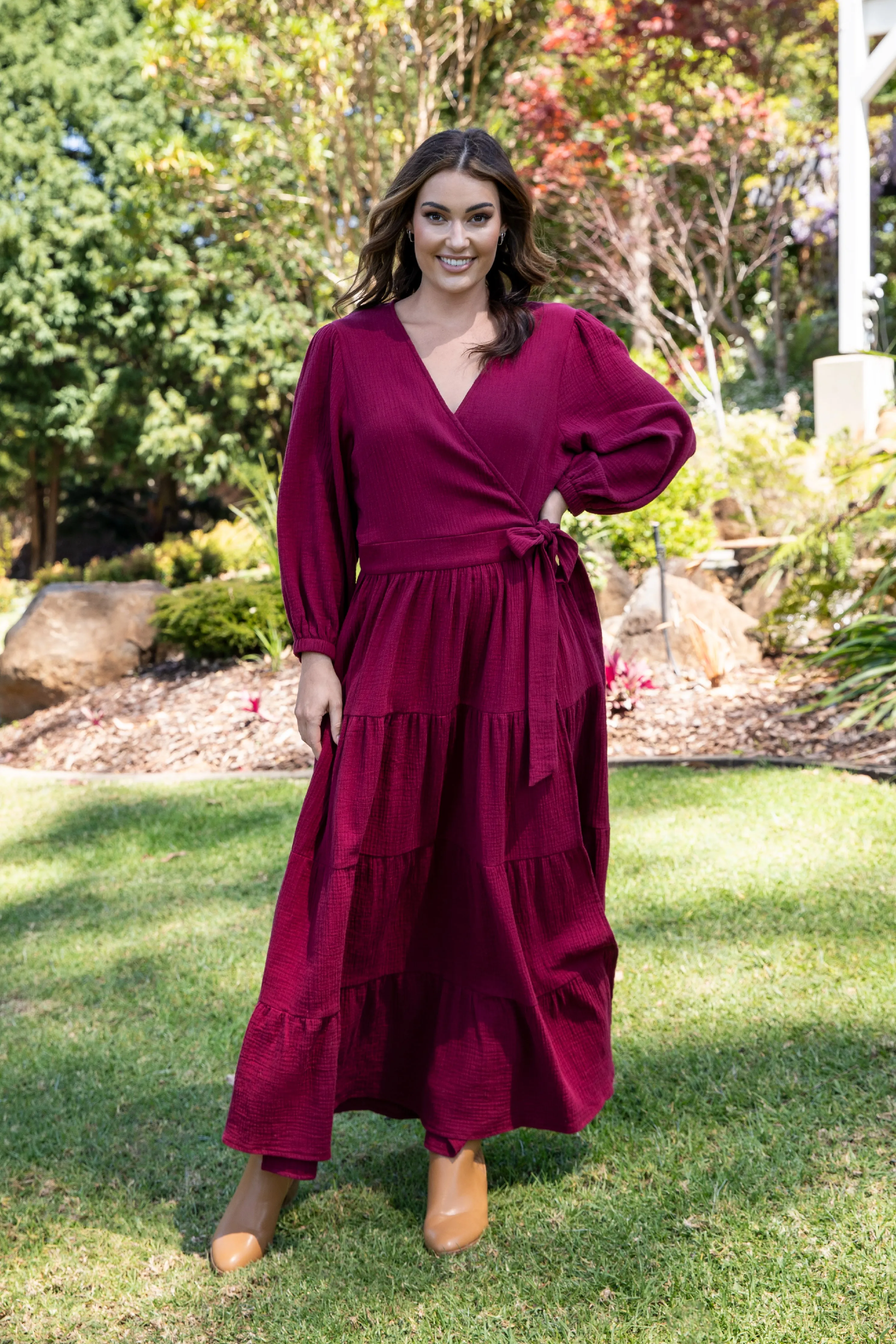 Long Sleeve Ruffle Wrap Dress | Mahogany | FINAL SALE