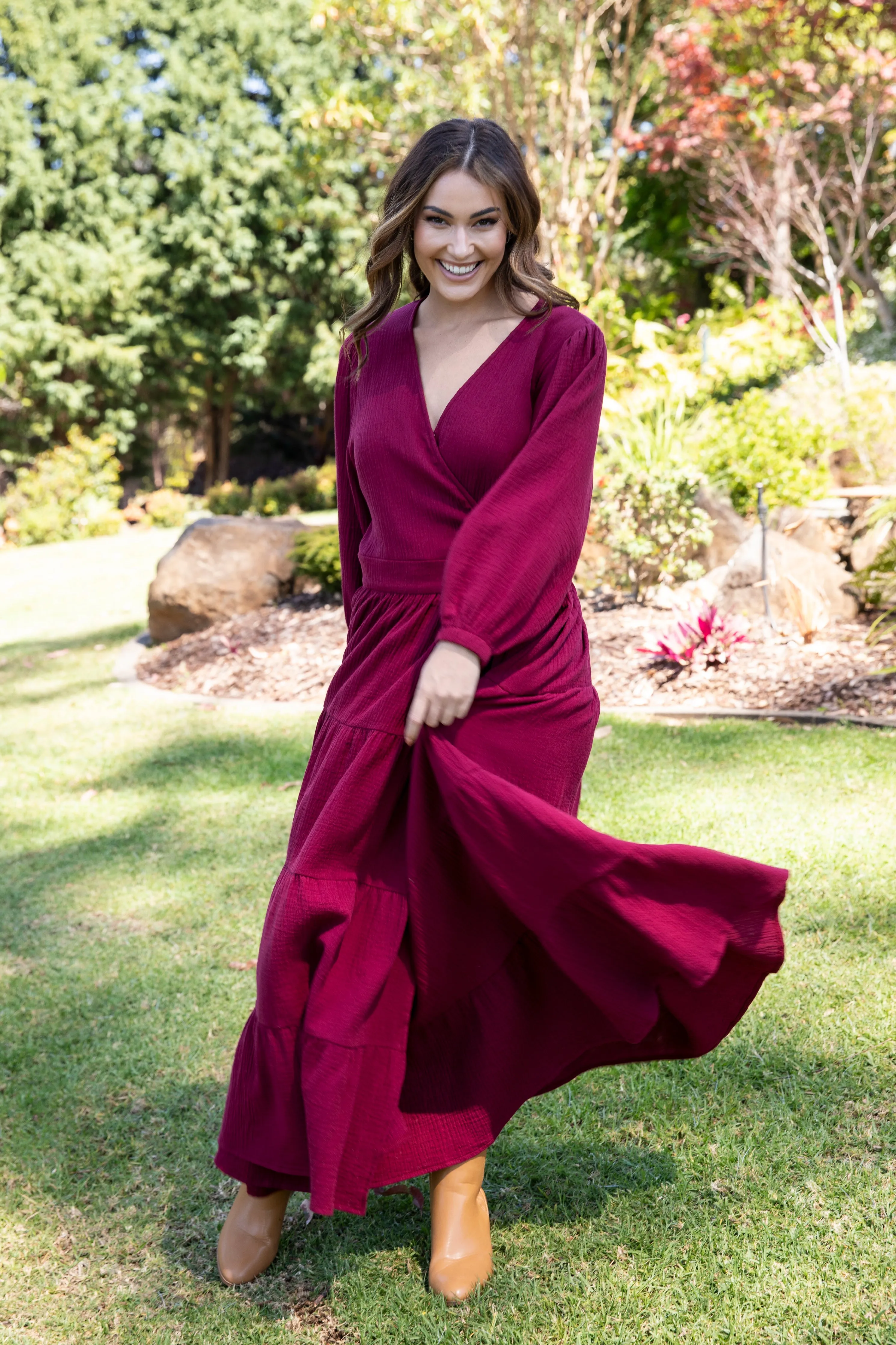 Long Sleeve Ruffle Wrap Dress | Mahogany | FINAL SALE