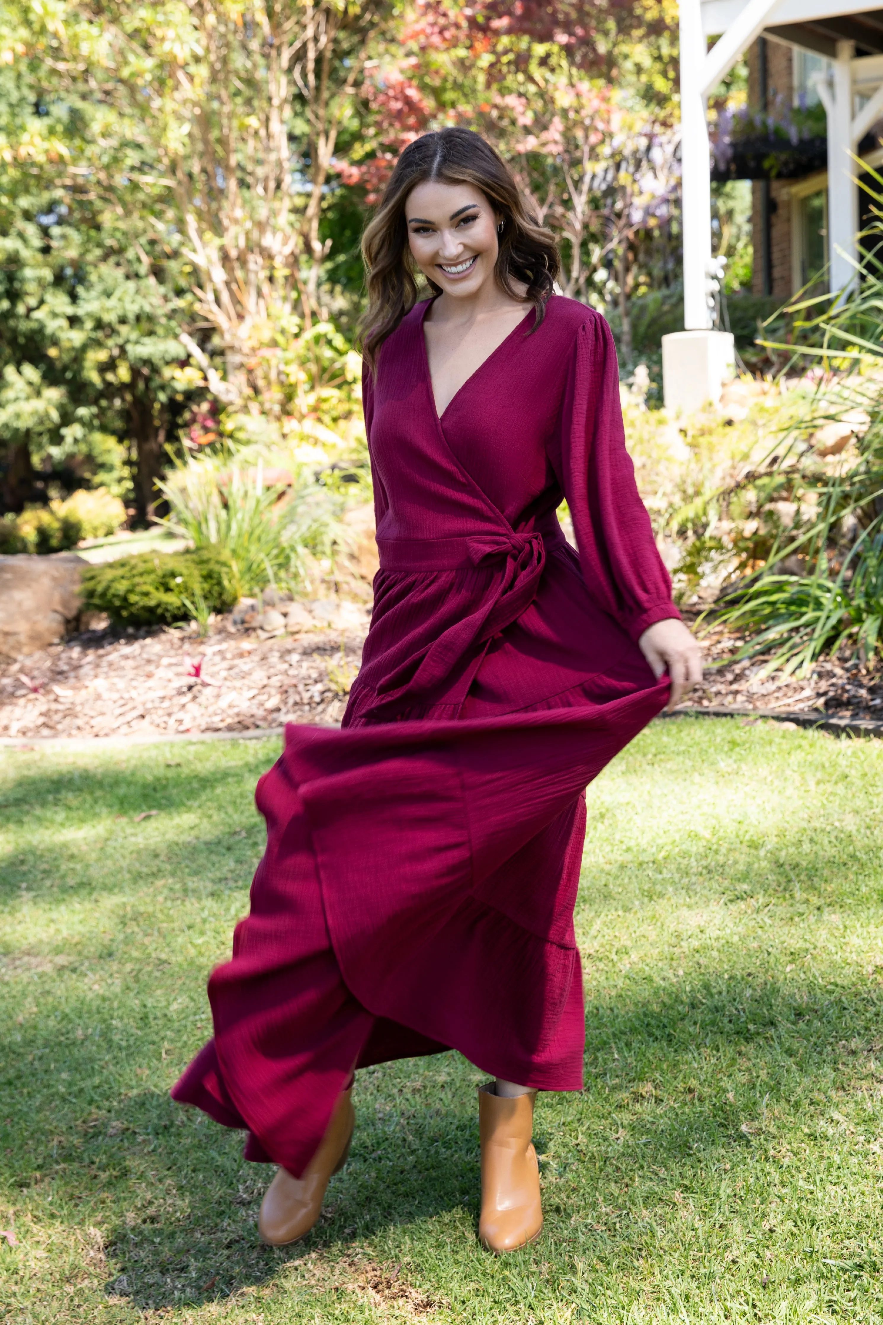 Long Sleeve Ruffle Wrap Dress | Mahogany | FINAL SALE