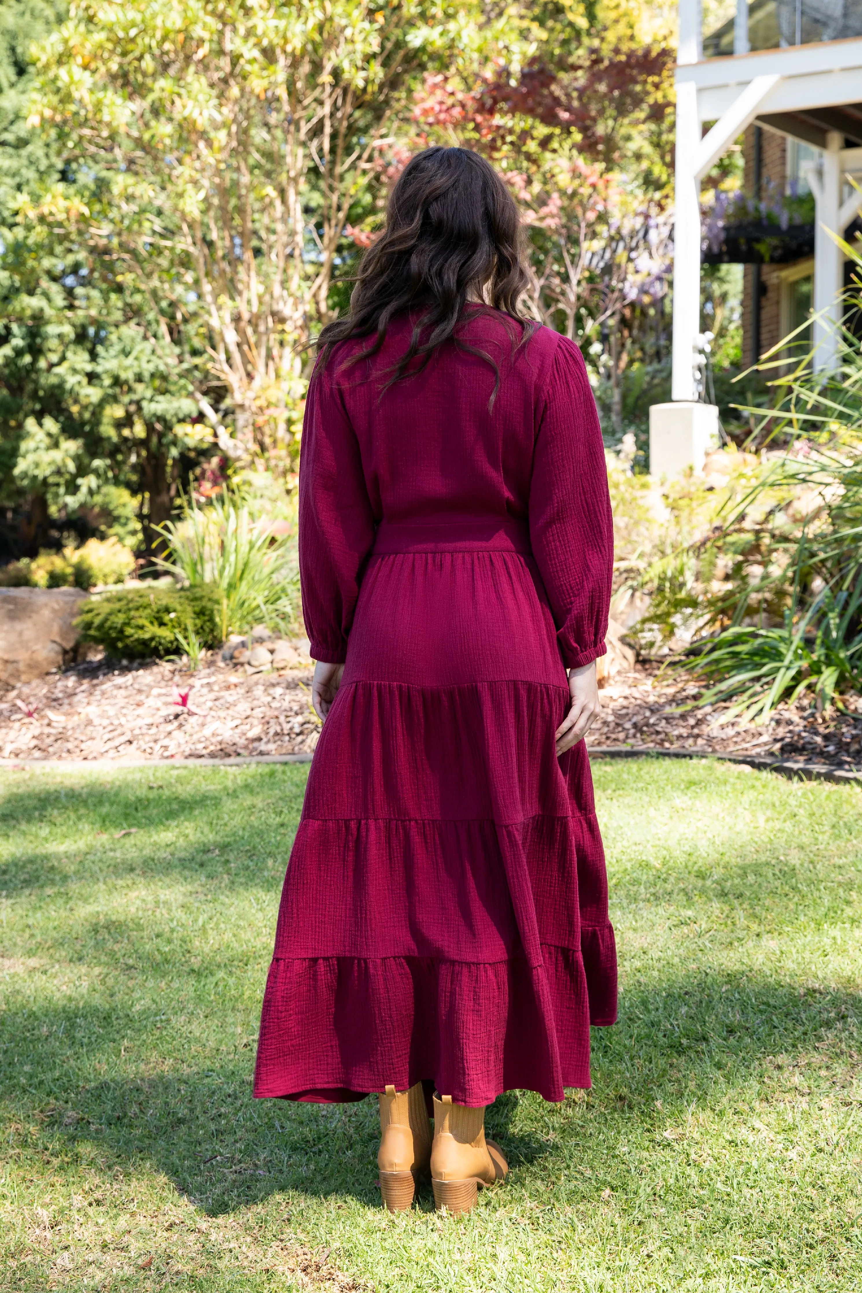 Long Sleeve Ruffle Wrap Dress | Mahogany | FINAL SALE