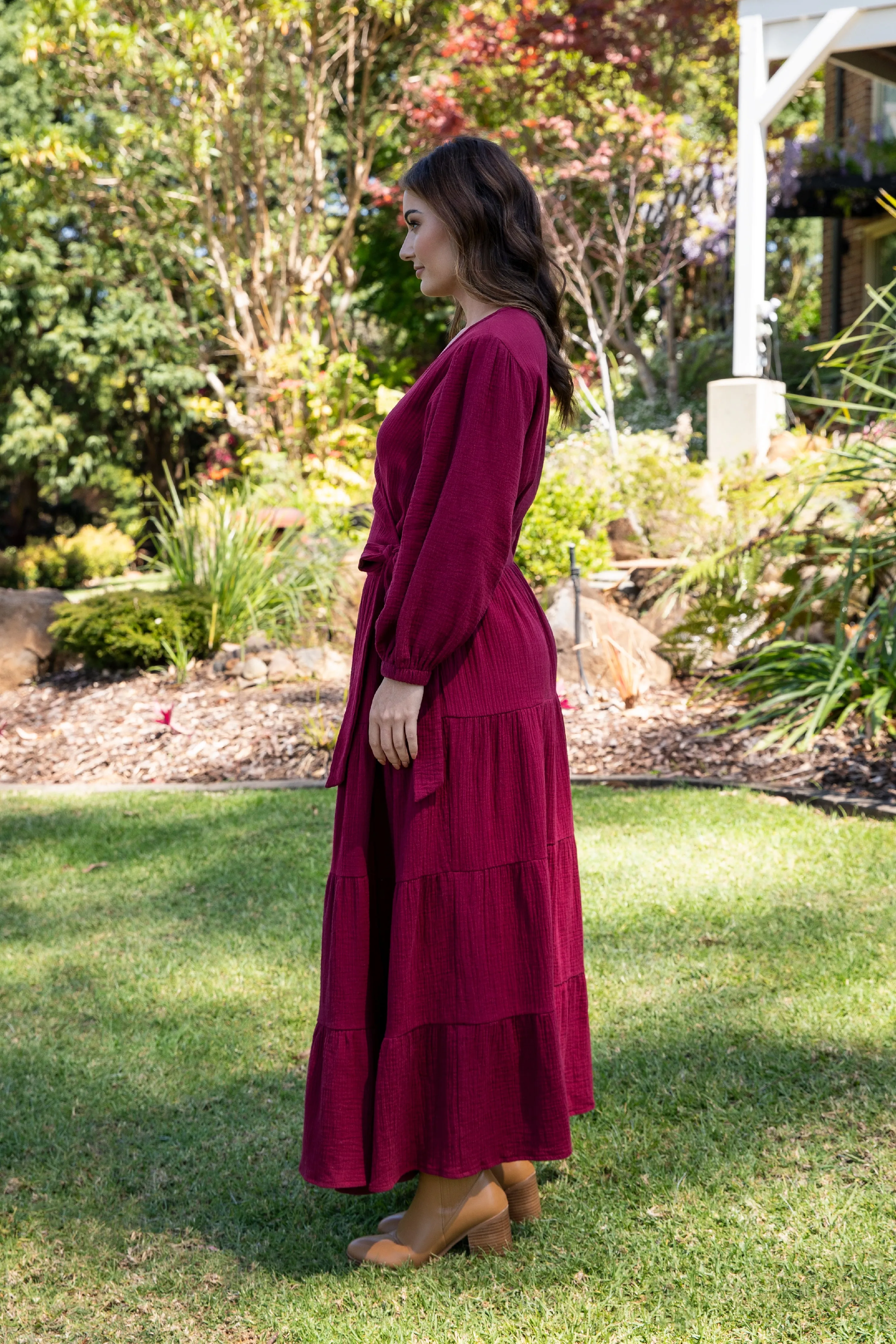 Long Sleeve Ruffle Wrap Dress | Mahogany | FINAL SALE