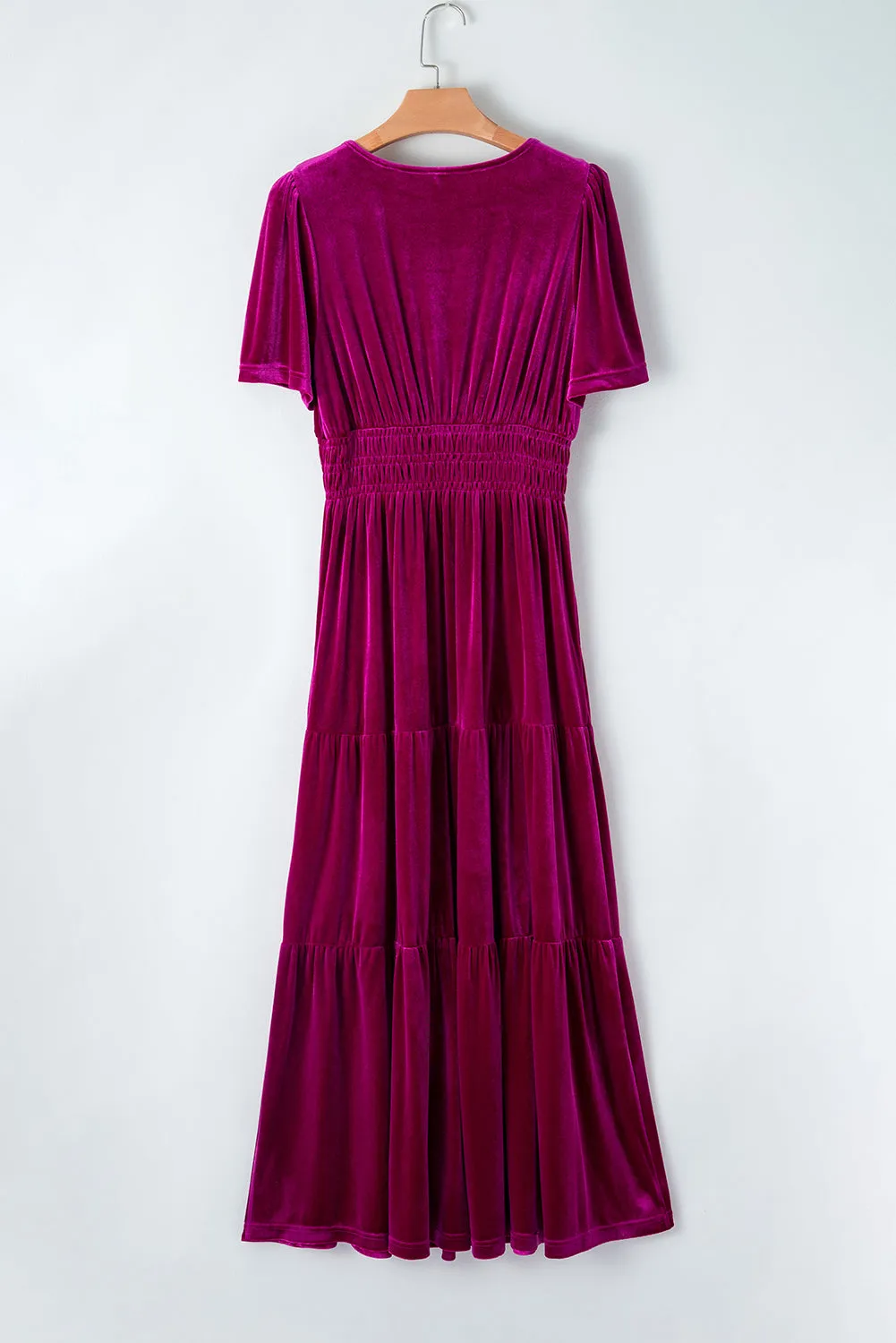 Magenta   Velvet Short Sleeve Shirred Waist Tiered Maxi Dress