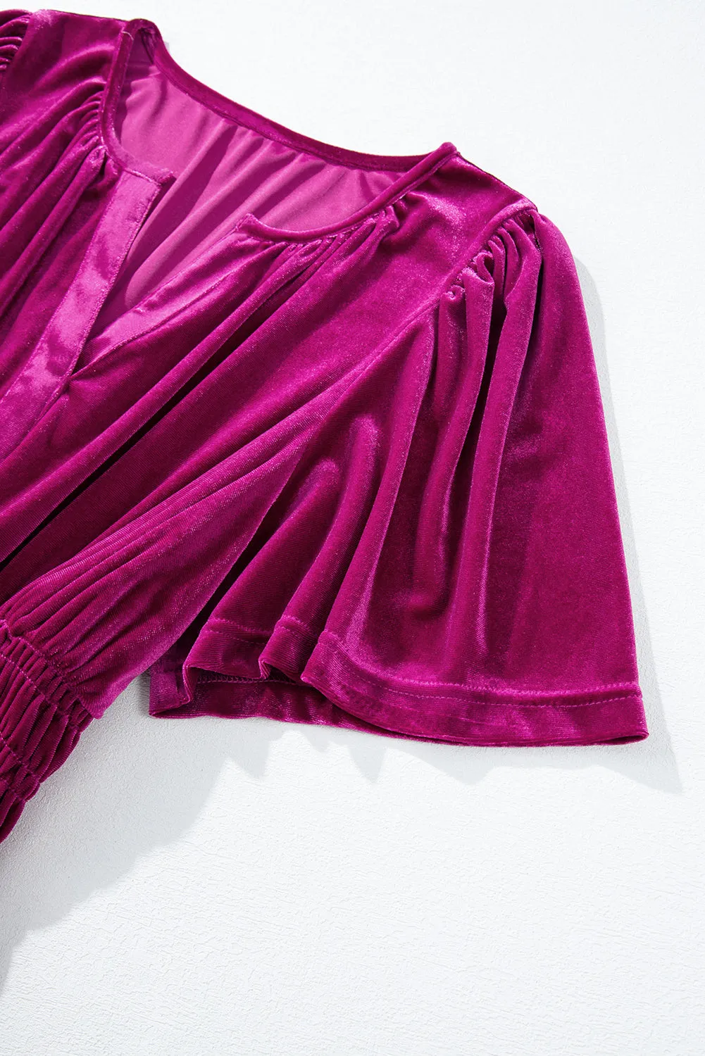 Magenta   Velvet Short Sleeve Shirred Waist Tiered Maxi Dress