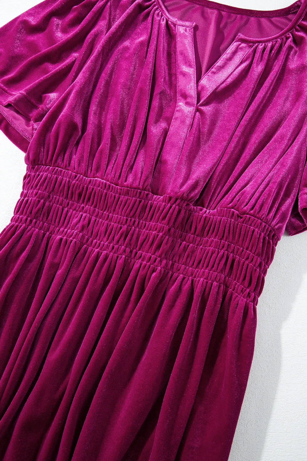 Magenta   Velvet Short Sleeve Shirred Waist Tiered Maxi Dress