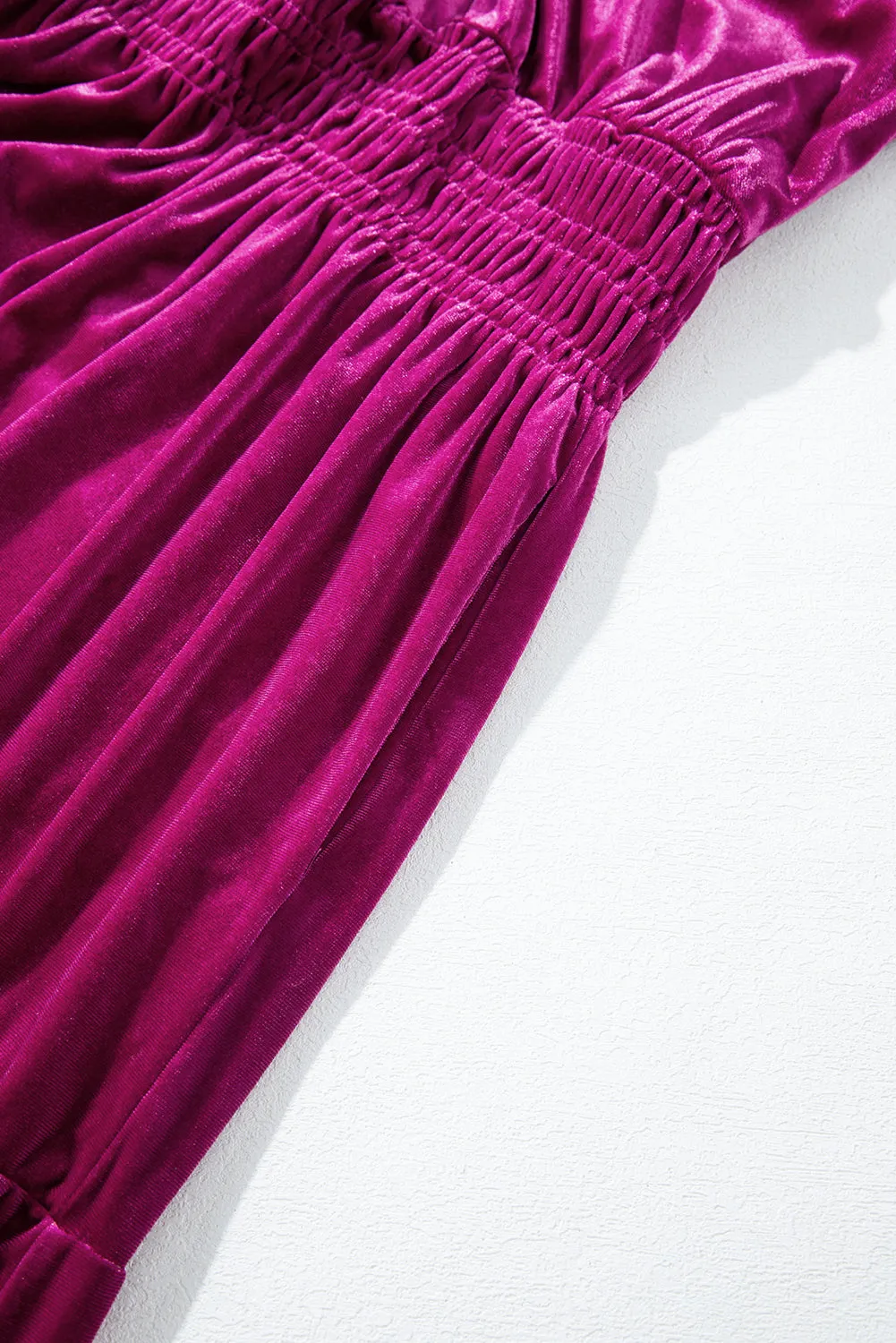 Magenta   Velvet Short Sleeve Shirred Waist Tiered Maxi Dress