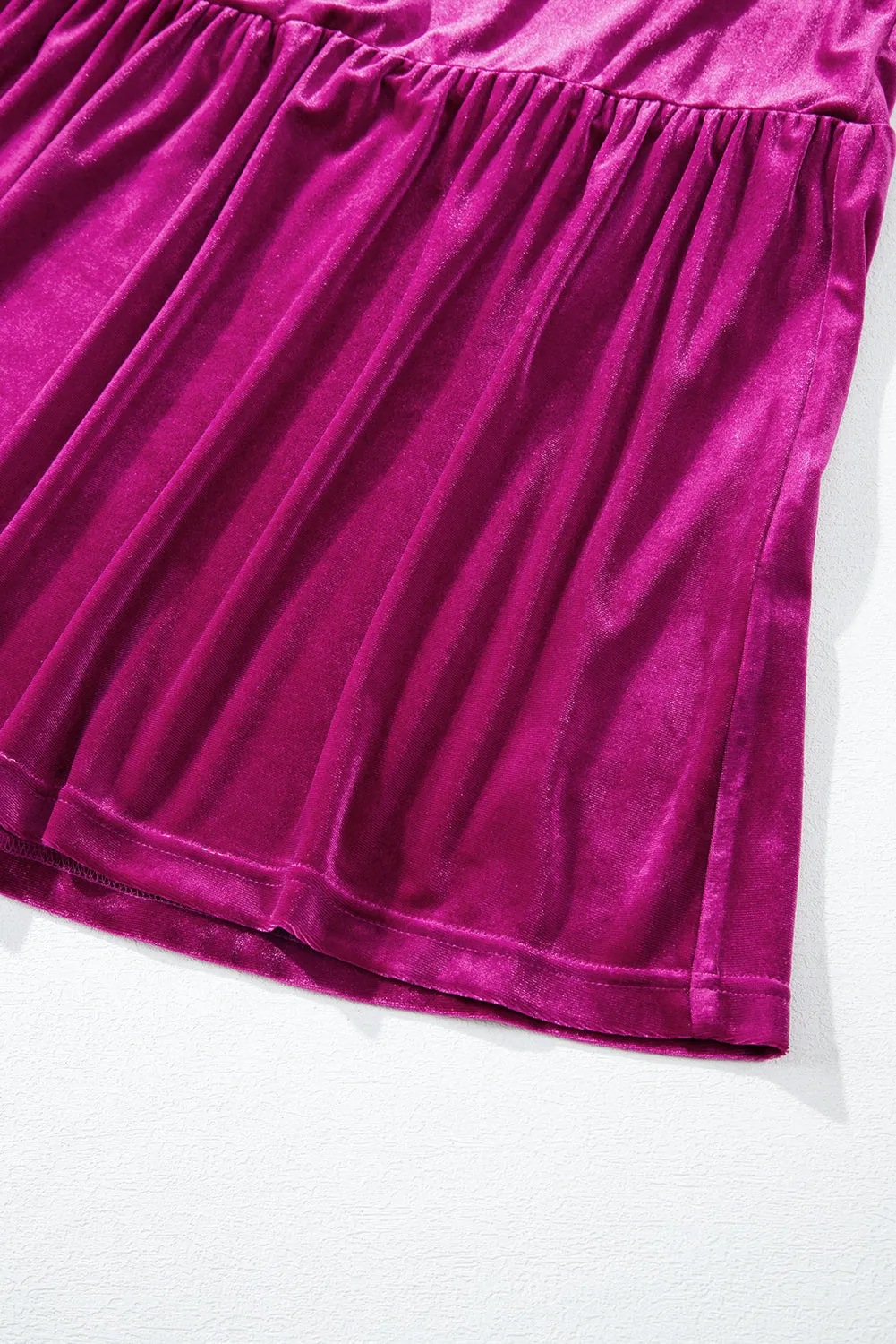 Magenta   Velvet Short Sleeve Shirred Waist Tiered Maxi Dress