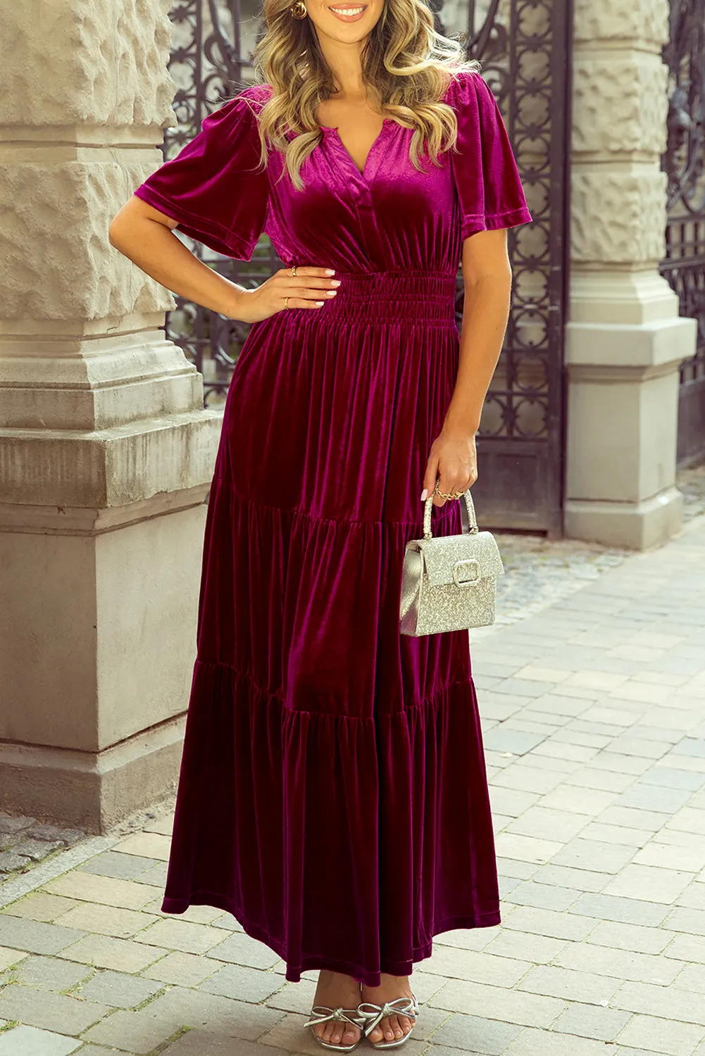 Magenta   Velvet Short Sleeve Shirred Waist Tiered Maxi Dress