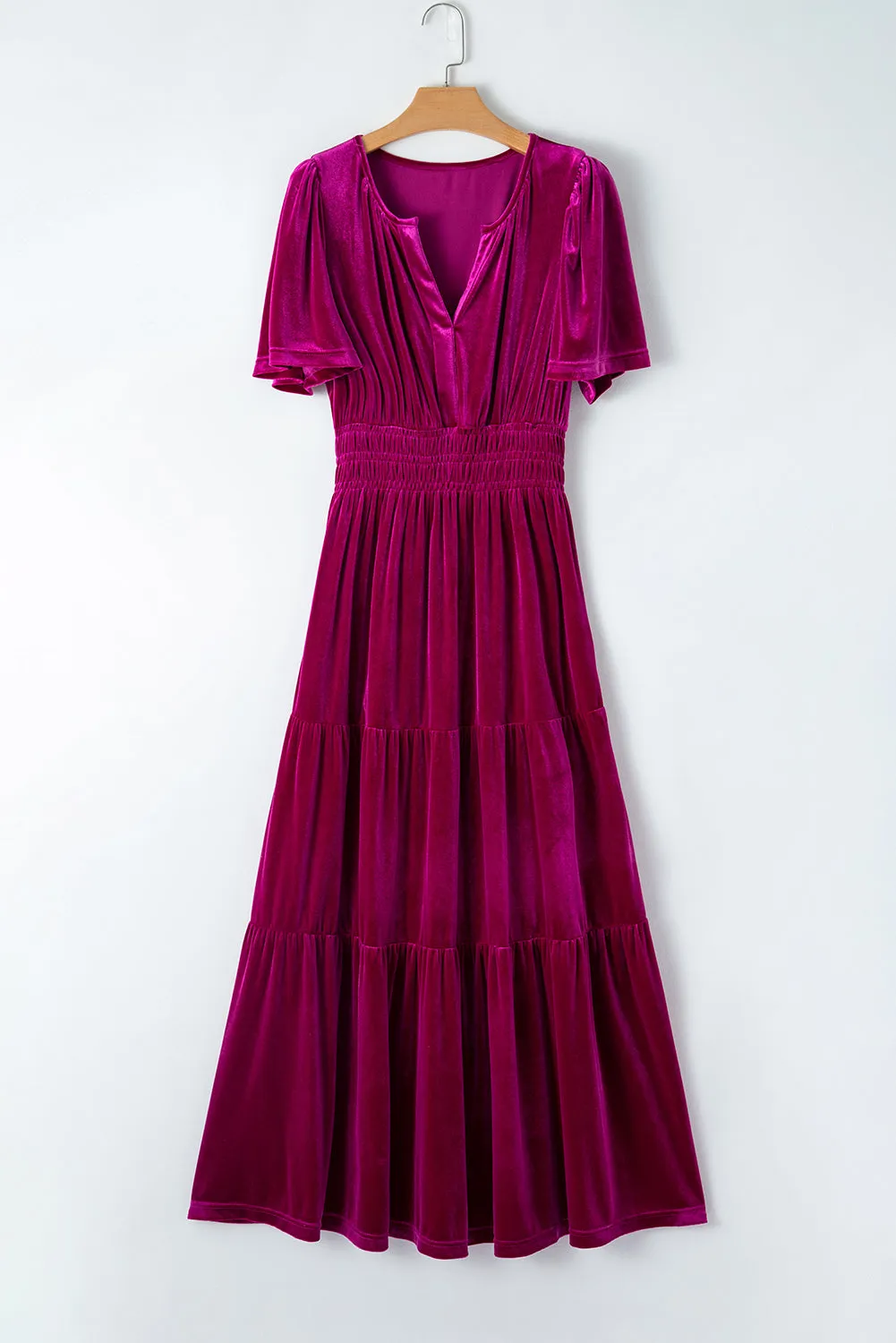 Magenta   Velvet Short Sleeve Shirred Waist Tiered Maxi Dress