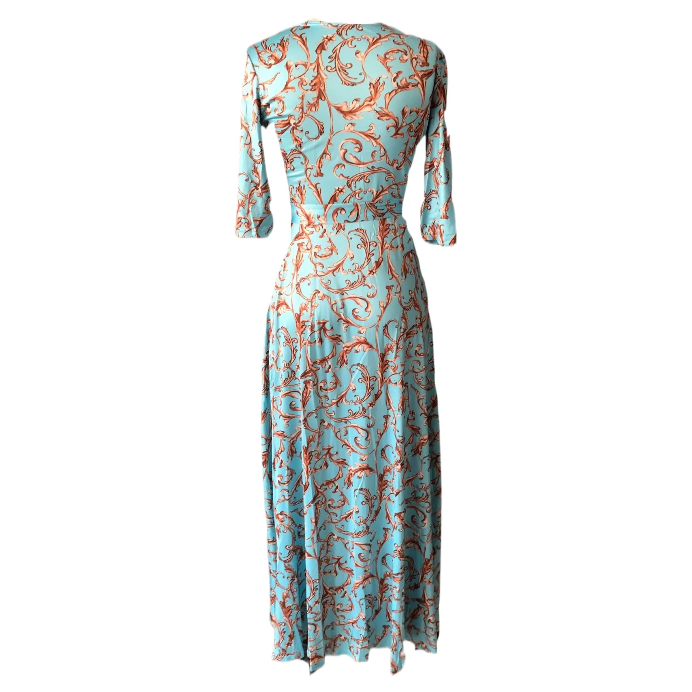 Malibu Duchesse Dream Maxi Dress Wrap V Neck Mid Sleeve in Mint Blue and Gold Size S, M, L, XL