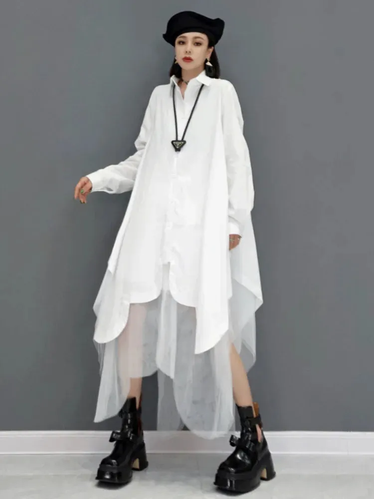 Mesh Splicing Oversized Long Sleeve Dress Women's 2024 Spring Summer New Fashion Tide Solid Color Shirt Dresses 5R956