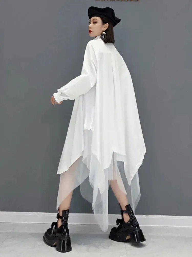 Mesh Splicing Oversized Long Sleeve Dress Women's 2024 Spring Summer New Fashion Tide Solid Color Shirt Dresses 5R956