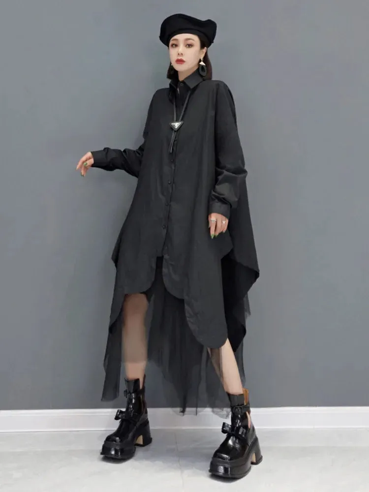 Mesh Splicing Oversized Long Sleeve Dress Women's 2024 Spring Summer New Fashion Tide Solid Color Shirt Dresses 5R956