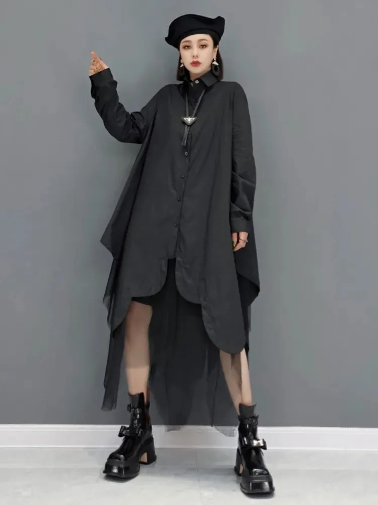 Mesh Splicing Oversized Long Sleeve Dress Women's 2024 Spring Summer New Fashion Tide Solid Color Shirt Dresses 5R956