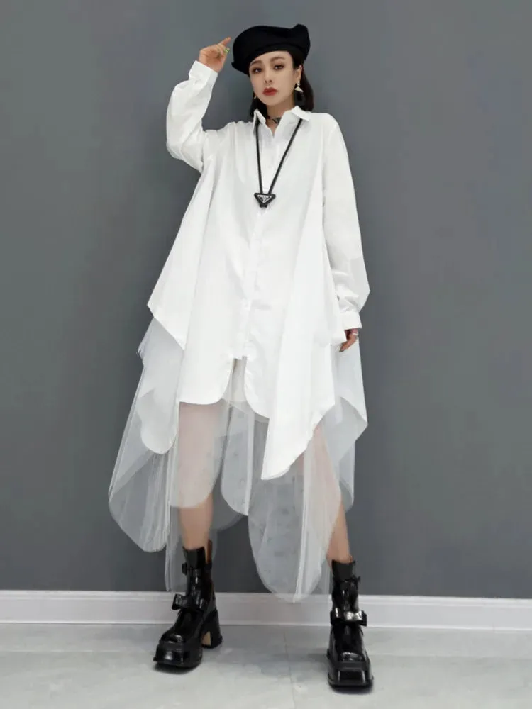 Mesh Splicing Oversized Long Sleeve Dress Women's 2024 Spring Summer New Fashion Tide Solid Color Shirt Dresses 5R956