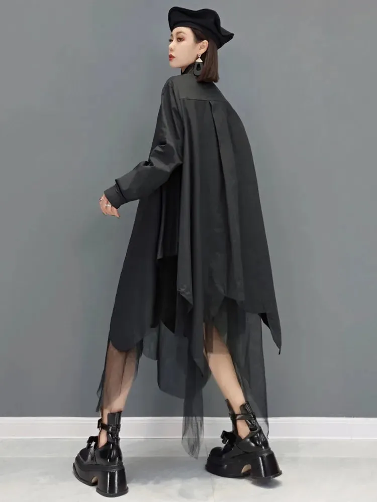 Mesh Splicing Oversized Long Sleeve Dress Women's 2024 Spring Summer New Fashion Tide Solid Color Shirt Dresses 5R956