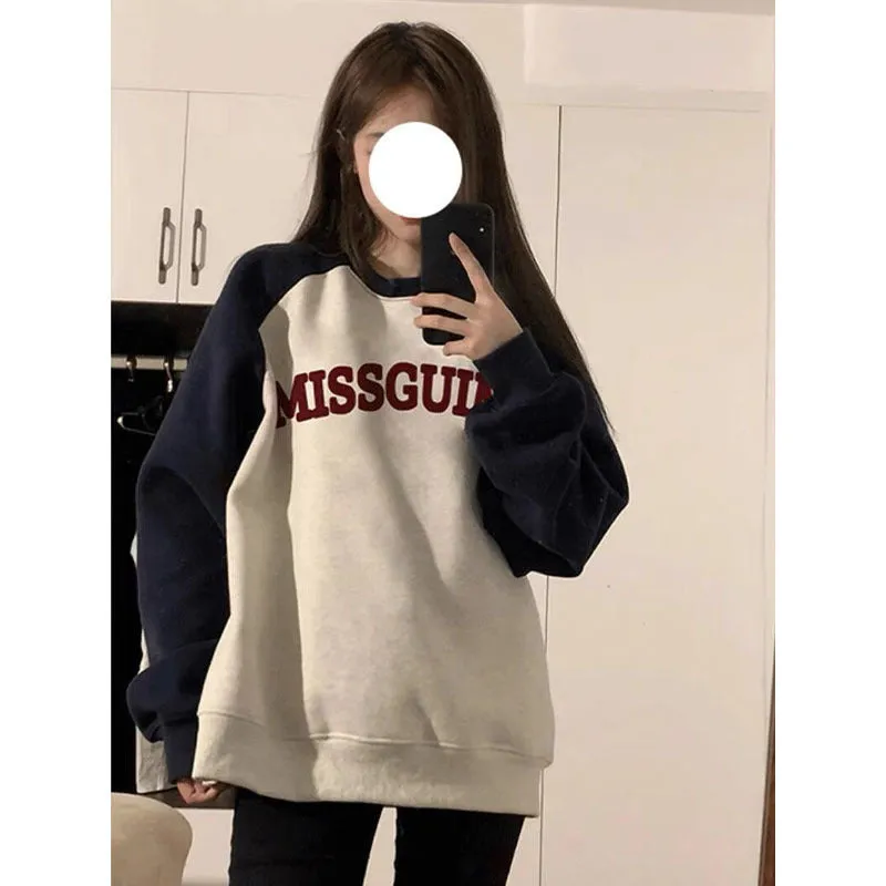 METAVERSMALL American retro splicing contrasting sweater New autumn and winter new oversize loose velvet Korean wear top