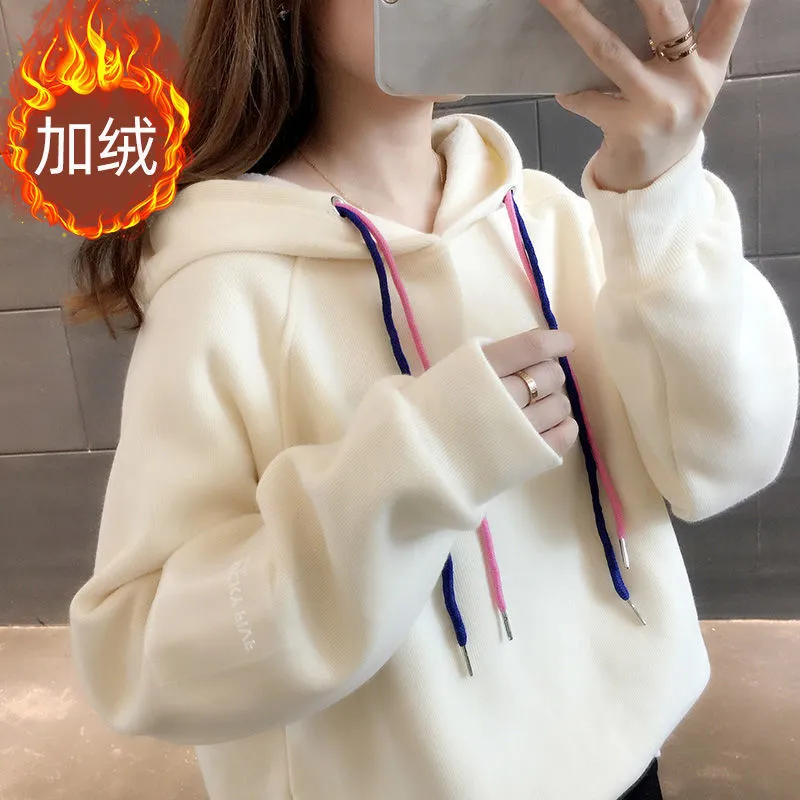 METAVERSMALL Autumn and winter new thin hooded sweater women's Korean version loose and thin short velvet thickened threaded long-sleeved top versatile