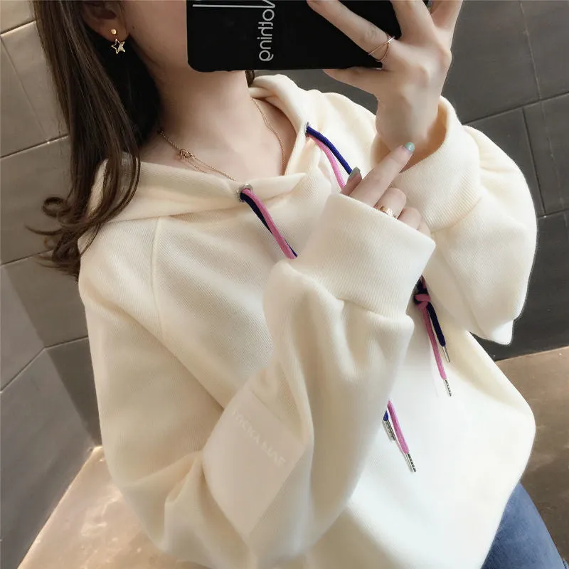 METAVERSMALL Autumn and winter new thin hooded sweater women's Korean version loose and thin short velvet thickened threaded long-sleeved top versatile