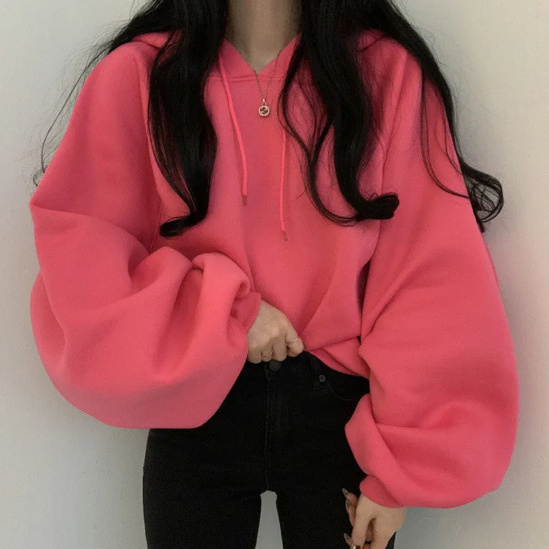 METAVERSMALL Korean autumn and winter lazy wind loose velvet candy color lantern sleeves hooded pullover fashion women's sweater