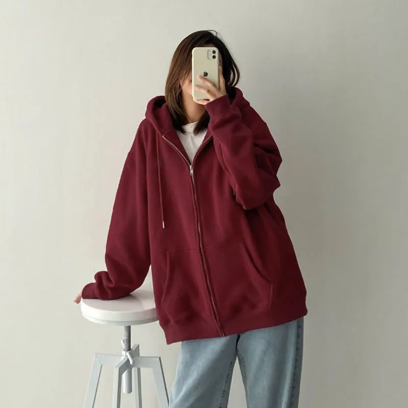 METAVERSMALL New autumn and winter new solid color zipper sweater women's velvet cardigan jacket Korean version loose lazy style long-sleeved top