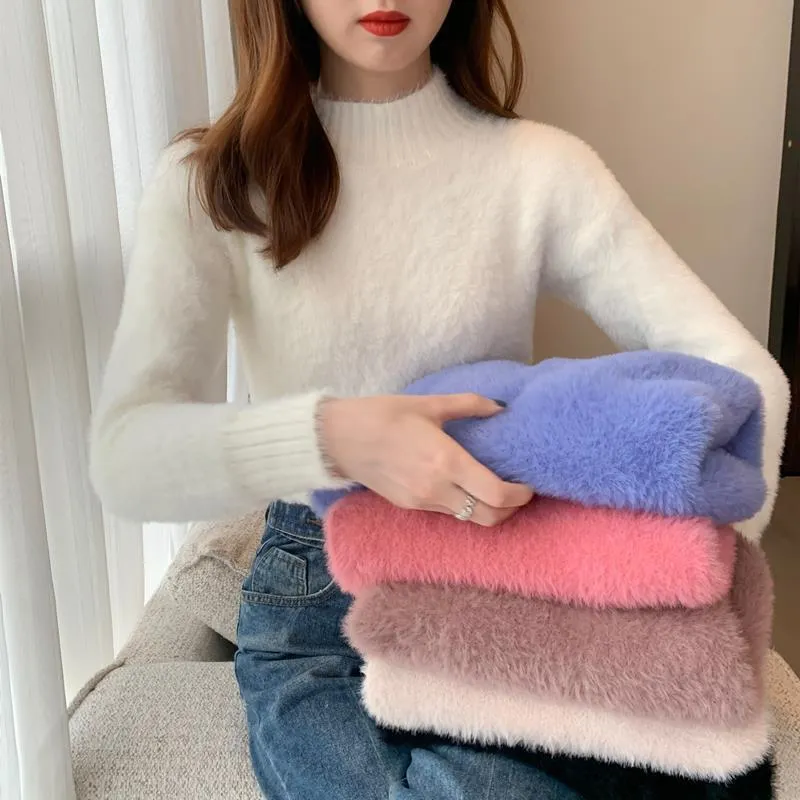 METAVERSMALL New imitation mink velvet semi-turtleneck gentle soft waxy sweater 2023 autumn and winter Korean version loose inside knitted sweater women