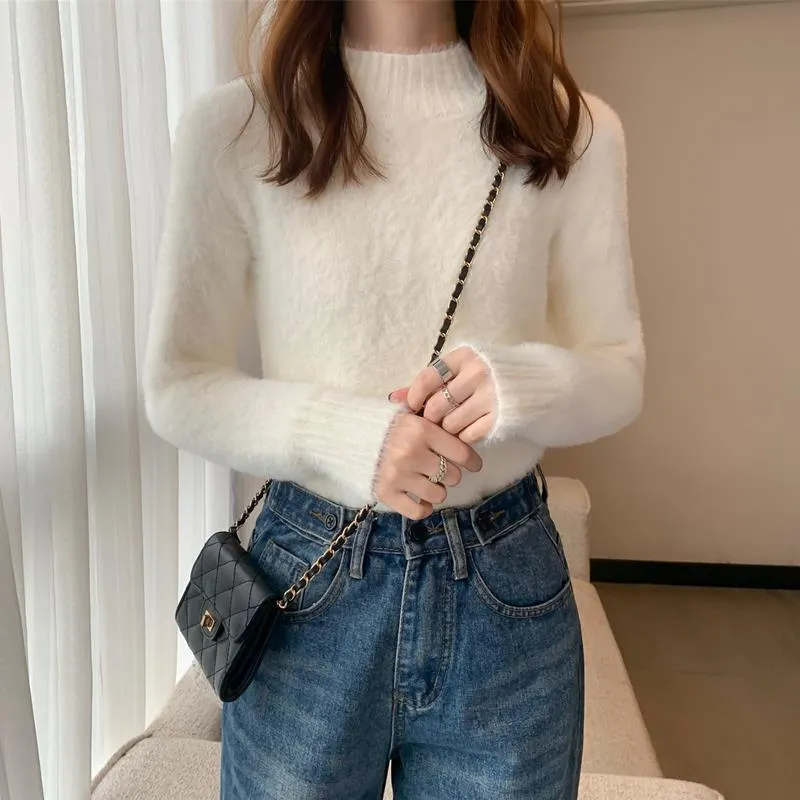 METAVERSMALL New imitation mink velvet semi-turtleneck gentle soft waxy sweater 2023 autumn and winter Korean version loose inside knitted sweater women