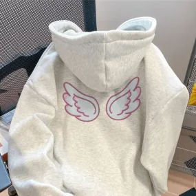 METAVERSMALL Sweet and cute angel wings print hooded sweater women's ins trend autumn and winter velvet thickened lazy wind top