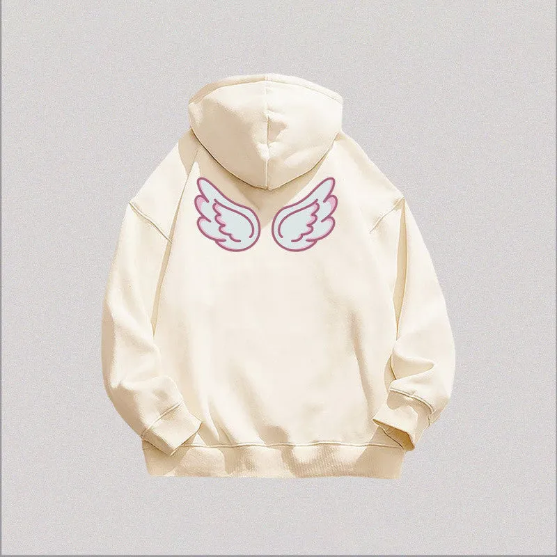 METAVERSMALL Sweet and cute angel wings print hooded sweater women's ins trend autumn and winter velvet thickened lazy wind top