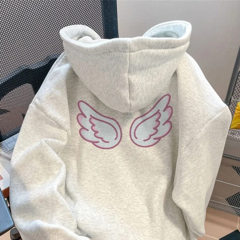 METAVERSMALL Sweet and cute angel wings print hooded sweater women's ins trend autumn and winter velvet thickened lazy wind top