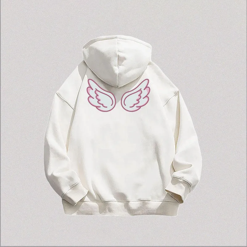 METAVERSMALL Sweet and cute angel wings print hooded sweater women's ins trend autumn and winter velvet thickened lazy wind top