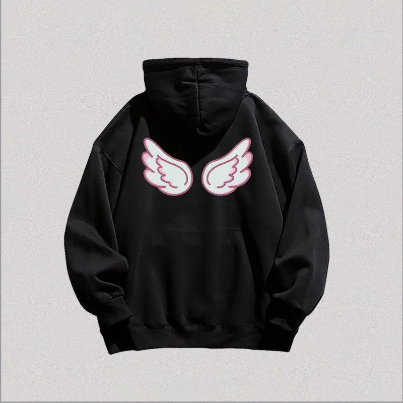 METAVERSMALL Sweet and cute angel wings print hooded sweater women's ins trend autumn and winter velvet thickened lazy wind top