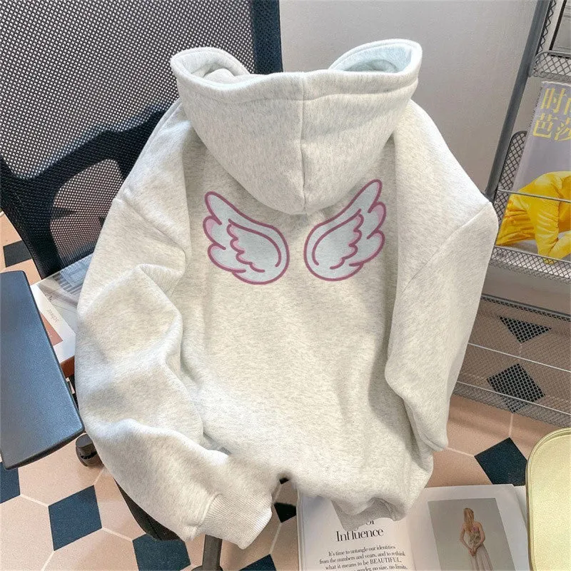 METAVERSMALL Sweet and cute angel wings print hooded sweater women's ins trend autumn and winter velvet thickened lazy wind top