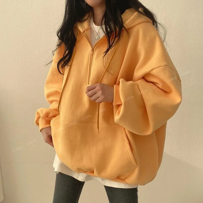 METAVERSMALL Zipper hooded sweater women's loose Korean version solid color top versatile spring and autumn winter velvet jacket ins tide