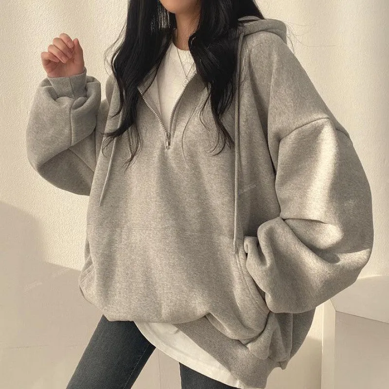 METAVERSMALL Zipper hooded sweater women's loose Korean version solid color top versatile spring and autumn winter velvet jacket ins tide